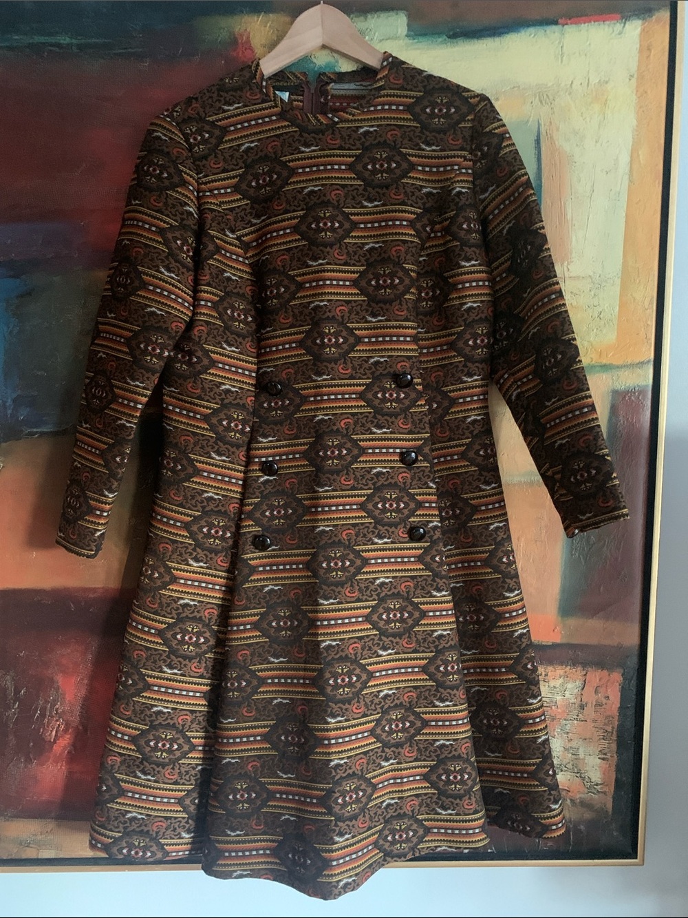 60/70s Colette Geometric Tapestry A-Line Mod Dress, Sz M